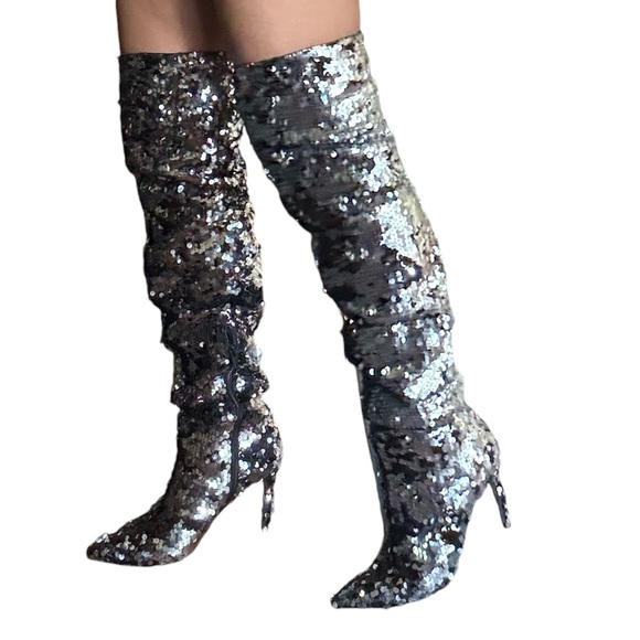 Bejeweled Knee High Sequin Boots by Topshop Sz 7.5 - Picture 3 of 5